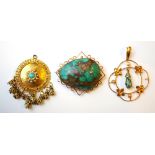 THREE PIECES OF TURQUOISE AND SEED PEARL JEWELLERY
comprising two pendants,