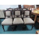 A GOOD SET OF SIX EDWARDIAN MAHOGANY DINING CHAIRS each with a curved top rail above an upholstered