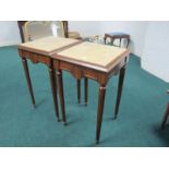 A PAIR OF CONTINENTAL KINGWOOD OCCASIONAL TABLES each of square form surmounted with sienna marble