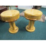 A PAIR OF ART DECO STYLE WALNUT TABLES each of circular form with frieze drawer raised on a moulded