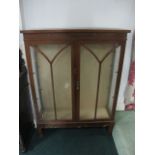 AN EDWARDIAN MAHOGANY CHINA DISPLAY CABINET the rectangular top above a pair of glazed doors raised