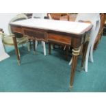 A CONTINENTAL WALNUT AND GILT BRASS MOUNTED SIDE TABLE of serpentine outline with white vein marble