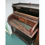 AN AMERICAN WALNUT TAMBOUR FRONT DESK the super structure with moulded three quarter gallery above