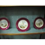 A SET OF SIX CONTINENTAL PORCELAIN PLATES the white and puce ground with decorated panels depicting