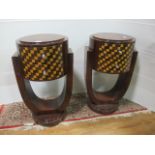 A PAIR OF ART DECO STYLE ROSEWOOD INLAID PEDESTALS each with a circular stepped top above two