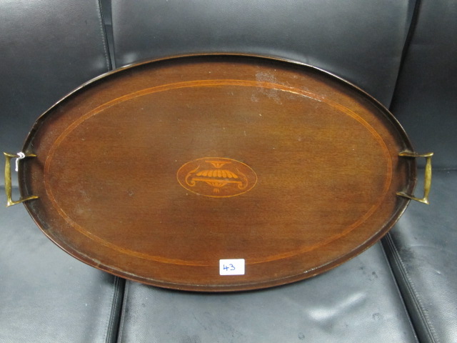 AN EDWARDIAN MAHOGANY AND SATINWOOD INLAID TRAY of oval outline with moulded gallery and brass