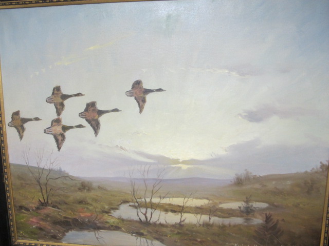 20TH CENTURY 
Mountain Landscape with Ducks in Flight
Indistinctly Signed Lower Right
Oil on