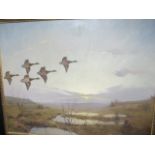 20TH CENTURY 
Mountain Landscape with Ducks in Flight
Indistinctly Signed Lower Right
Oil on