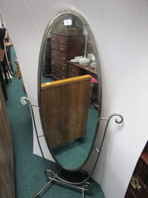 A WROUGHT IRON CHEVAL MIRROR with scroll decoration 156cm (h) x 73cm (w)