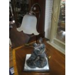 A COMPOSITION TABLE LAMP modelled as a female and her companion shown seated with scroll arm and