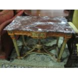 A FINE CONTINENTAL POLYCHROME AND PARCEL GILT TABLE surmounted with a rouge vein marble top above a