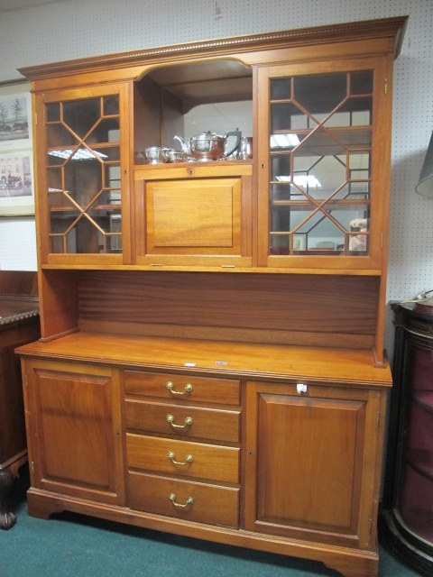 A MAHOGANY WALL CABINET the dentil moulded cornice above an open shelf with hinged compartment