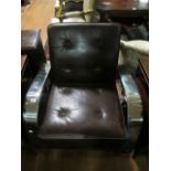 A HIDE AND CHROME DESIGNER ARMCHAIR the rectangular button back and seat with chrome arms and legs