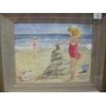 A COLLECTION OF PICTURES to include oil, beach scene with children, hunting print,