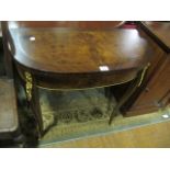 A PAIR OF CONTINENTAL WALNUT SATINWOOD INLAID GILT BRASS MOUNTED CARD TABLES each of demi-lune