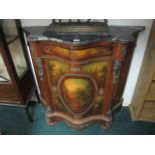 A CONTINENTAL WALNUT GILT BRASS MOUNTED AND POLYCHROME SIDE CABINET of serpentine outline