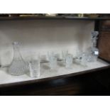 TWO MOULDED GLASS DECANTERS together with eight various glasses