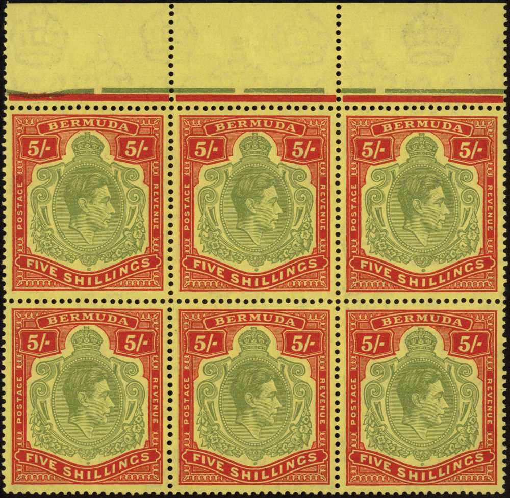 Bermuda. 1943 (Mar.) 5/- pale green and carmine on pale yellow paper top marginal block of six, #s