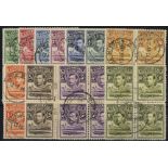 Basutoland. 1938 definitive set of eleven in used blocks of four. Set to 1/- with Roma Mission CDSs,