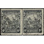 Barbados. 1944 4d perf 14 pair fine used, right stamp with R7/8 joined scroll. SG 253db (£325)/CW