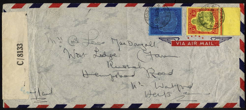 Bermuda. 1938 (Jan.) 5/- plus 2/- mottled on 9½" x 4" airmail envelope to UK, St Georges CDSs of 8
