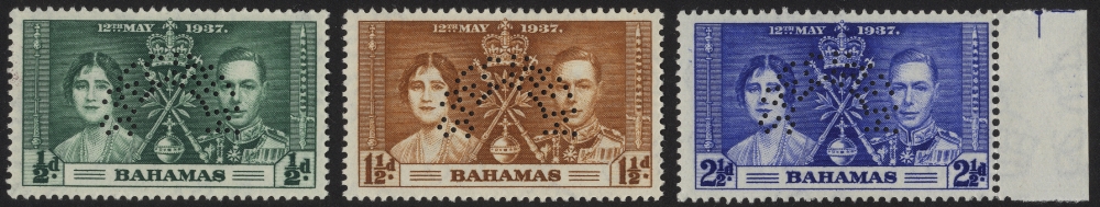 Bahamas. 1937 Coronation set of three perforated SPECIMEN Type D20, unmounted mint. SG 146s-148s (£