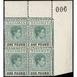 Bahamas. 1943-52 £1 blue-green and black unmounted mint corner block of four with sheet number