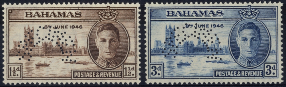 Bahamas. 1946 Victory pair perforated SPECIMEN Type D21, unmounted mint. SG 176s-177s (£90)/CW SP