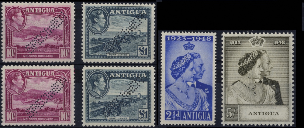 Antigua. 1948 10/- and £1 perforated SPECIMEN Type W9, unmounted mint, two of each making severed