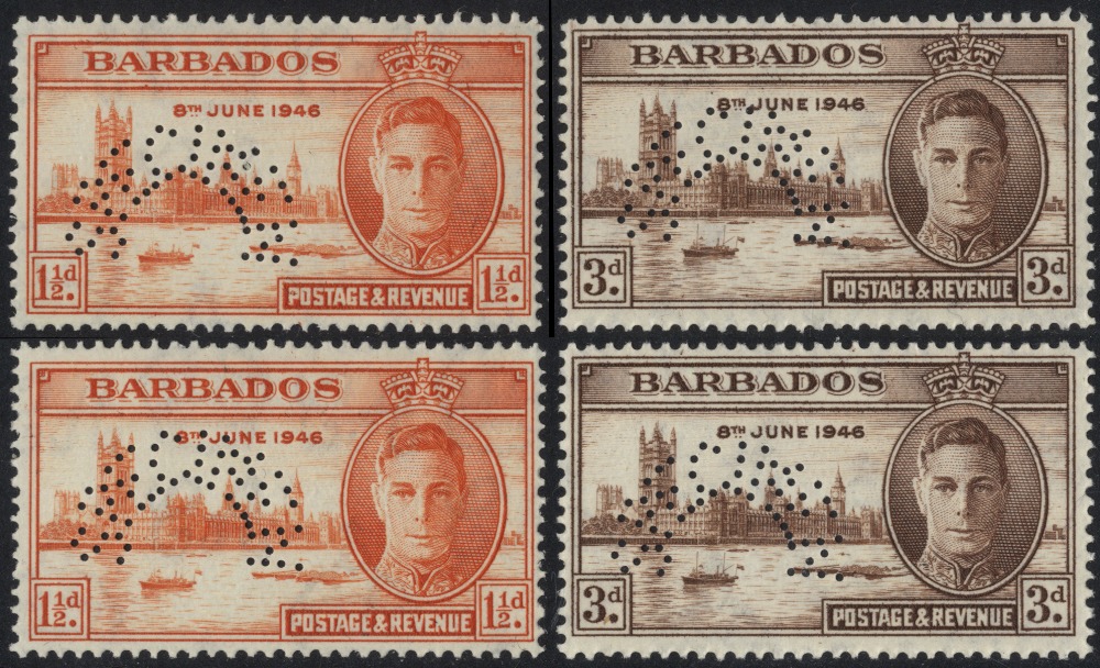 Barbados. 1946 Victory perforated SPECIMEN Type D21 unmounted mint, two of each which may constitute