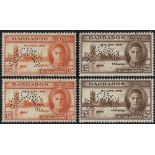 Barbados. 1946 Victory perforated SPECIMEN Type D21 unmounted mint, two of each which may constitute