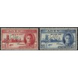 Aden. 1946 Victory pair perforated SPECIMEN Type D21, fine mint. SG 28s-29s (£130)/CW SP S4-5