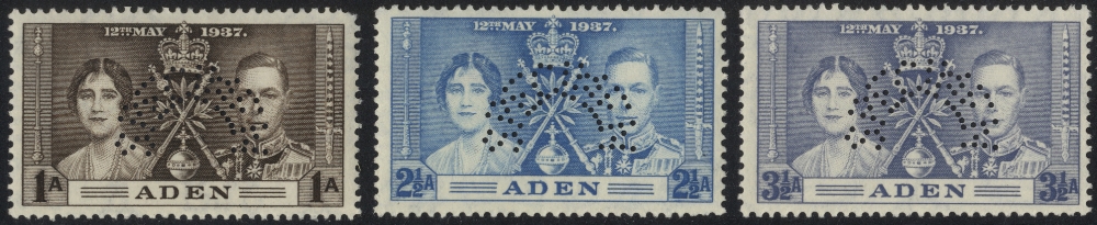 Aden. 1937 Coronation set of three perforated SPECIMEN Type D20, mint, 1a with slightly blunt