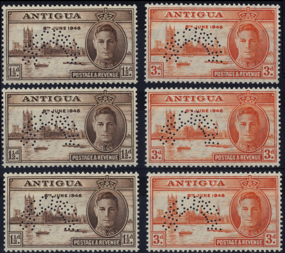 Antigua. 1946 Victory pair perforated SPECIMEN Type D21, three pairs unmounted mint which when