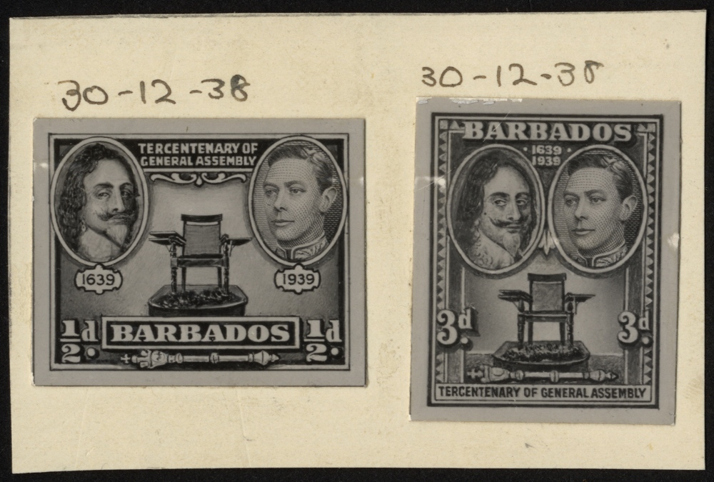Barbados. 1939 Tercentenary two unadopted photographic essays for ½d and 3d values, ex the printer's