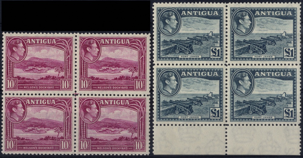 Antigua. 1948 10/- and £1 in unmounted mint blocks of four, the £1 bottom marginal. SG 108-9 (£