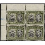 Grenada. 1950 3d black and brown-olive, perf 12½ in a fine used corner block of four, R1/1 line