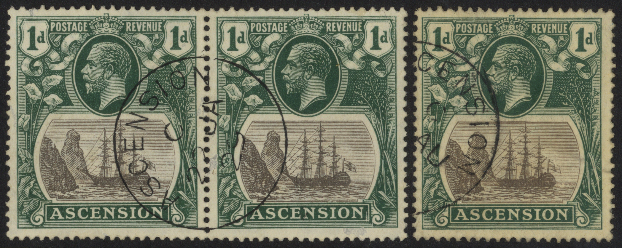 Ascension. 1924 1d grey-black and deep blue-green used pair, left stamp with R2/1 broken mainmast (