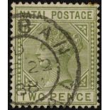 Natal. 1887 2d olive-green, Pl. 2 R3/3 top left triangle detached, fine used. SG 106a (£250)