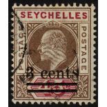 Seychelles. 1903 3ct on 45ct brown and carmine, R1/6 LP dented frame. SG 59a (£350)