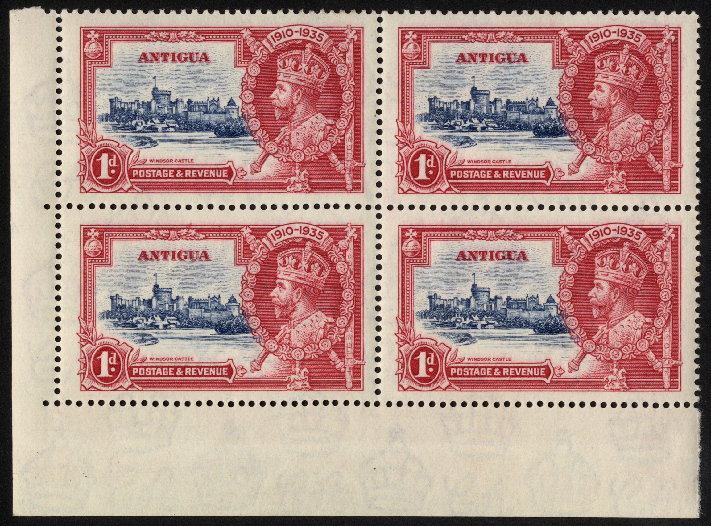 Antigua. 1935 1d Silver Jubilee unmounted mint corner block of four, Plate 2A R10/1-2 diagonal