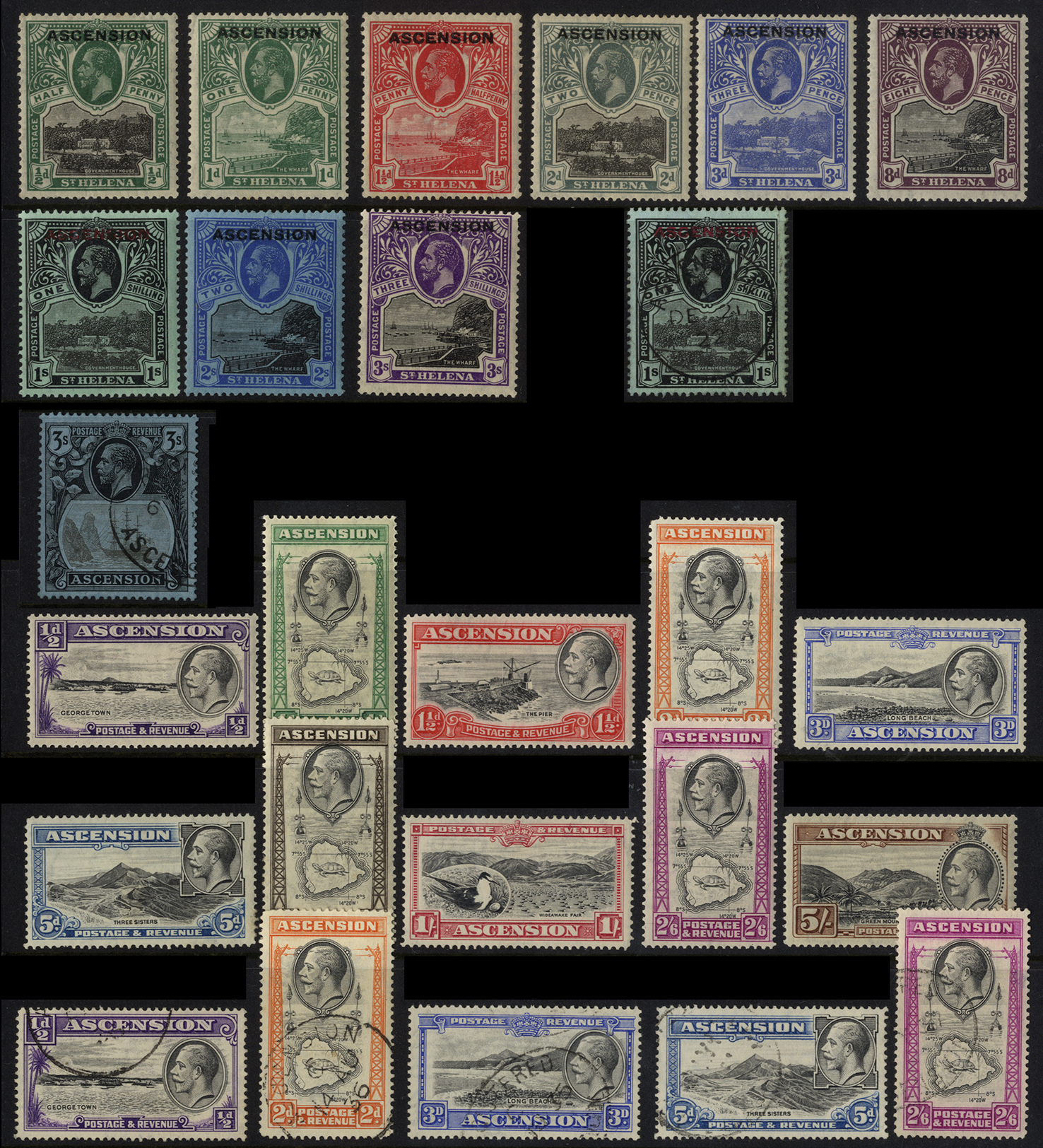 Ascension. 1922 set of nine, mounted mint with some hinge remainders, and 1/- used; 1924 3/- used