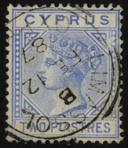 Cyprus. 1883 2½p blue with Pl 2 R3/3 LP top left triangle detached, part LIMASSOL squared circle