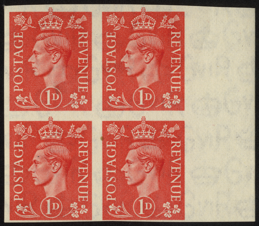 Great Britain. 1941 1d pale scarlet unmounted mint imperforate marginal block of four, each