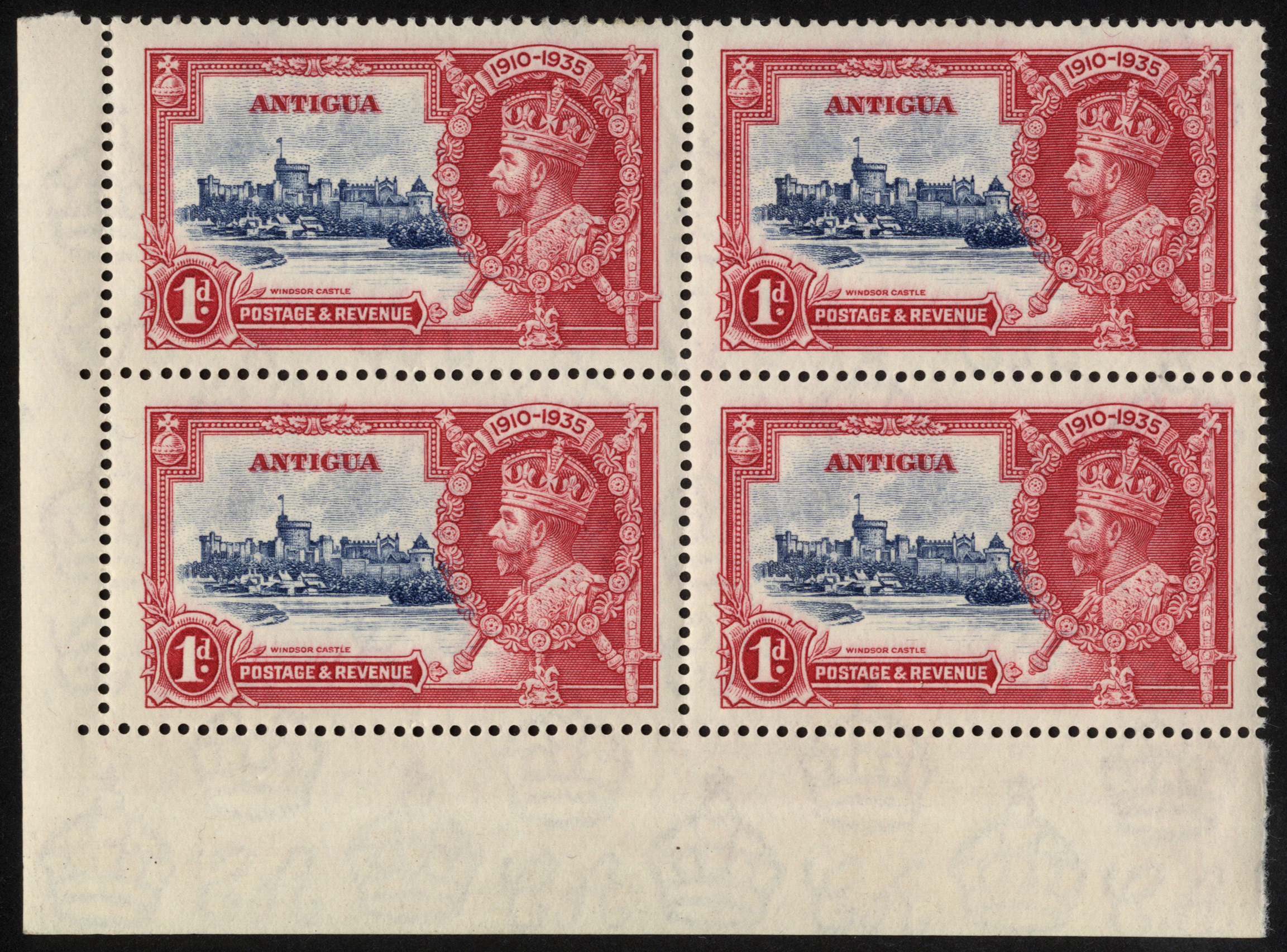 Antigua. 1935 1d Silver Jubilee unmounted mint corner block of four, Plate 2A R10/1-2 diagonal - Image 2 of 2