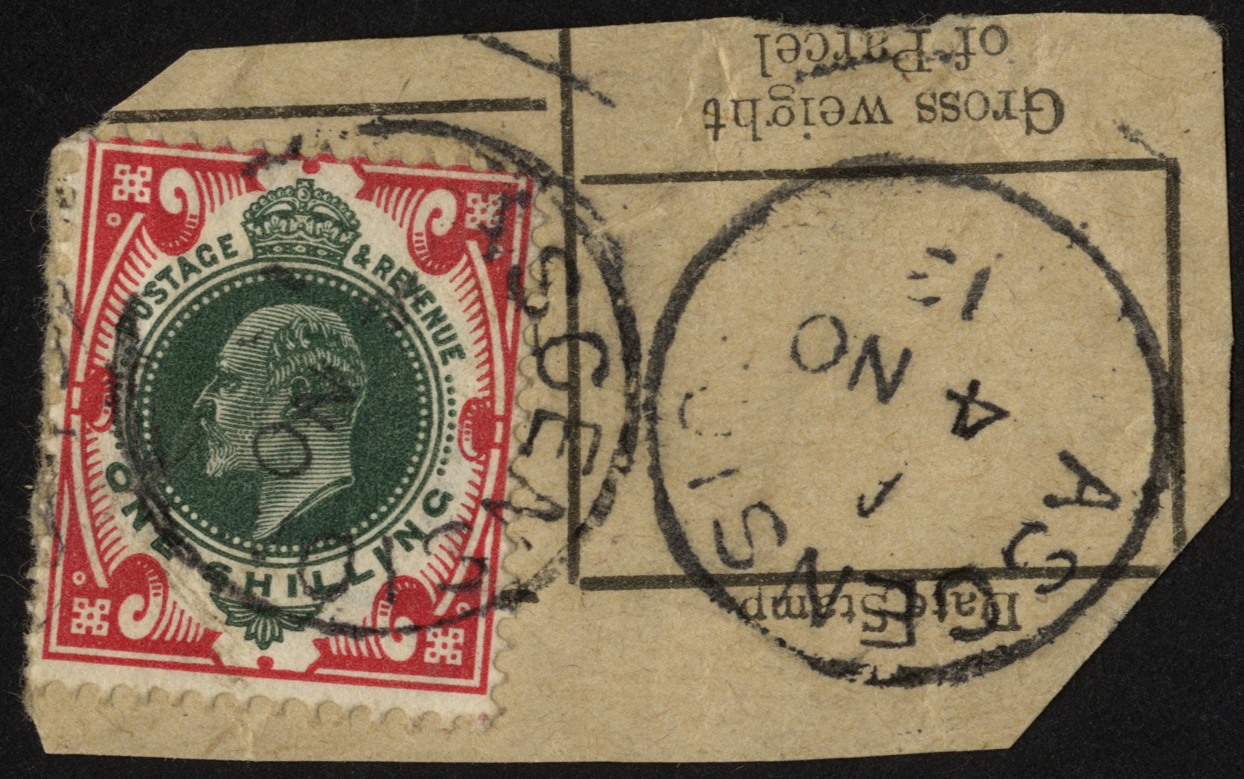Great Britain used in Ascension. 1902 1/- green and carmine used on piece of parcel receipt form,