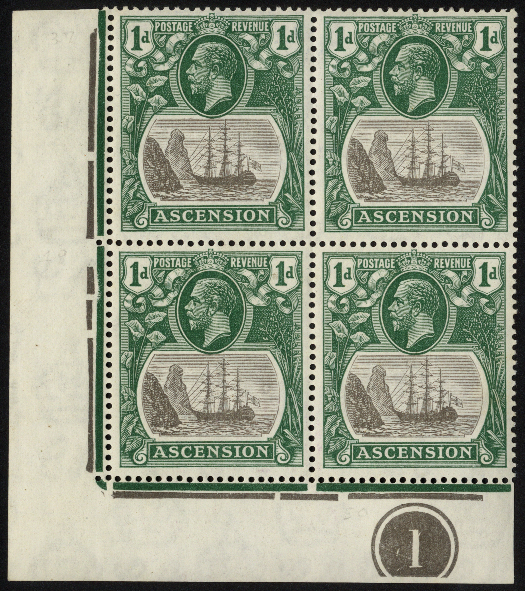 Ascension. 1933 1d grey-black and bright blue-green mint Plate block of four, R5/1 cleft rock.