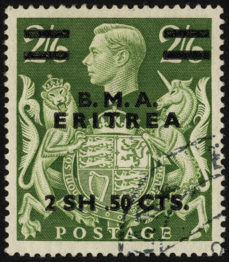 BOIC Eritrea. 1948 BMA 2/6d, fine used with R4/7 misplaced stop. SG E10a (£190)/CW 11a