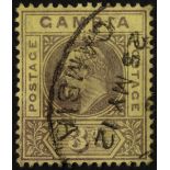 Gambia. 1909 3d purple on yellow paper fine used, R1/6 LP dented frame. SG 75b (£160)