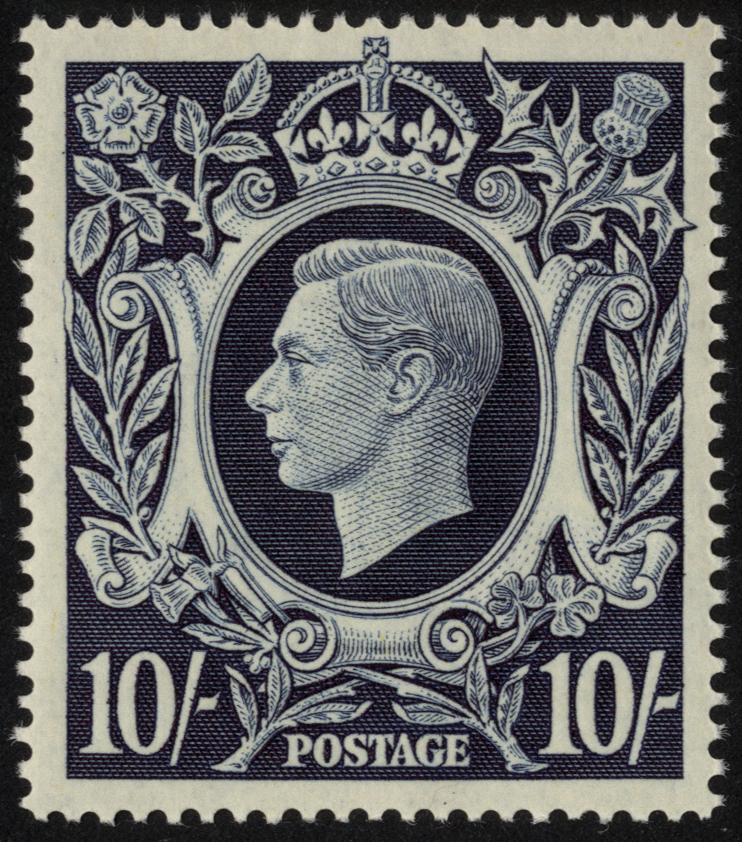 Great Britain. 1939 10/- dark blue, unmounted mint with R2/7 retouch to lower lip. SG Q32e